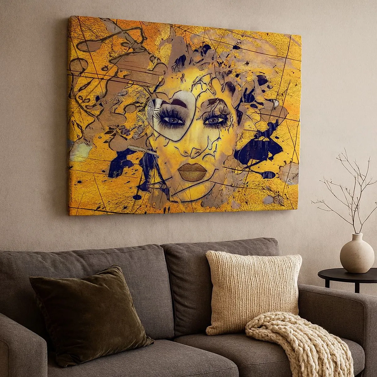 Tablou pe pânză Canvas - Portret abstract al unei femei în tonuri galben-aurii - 70x50cm - Frumusețe însorită - Decorațiune modernă pentru perete pentru living și dormitor ARTTOR