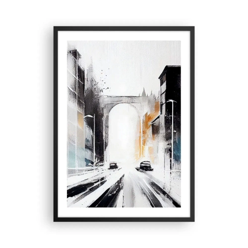 Poster în ramă neagră - Panoramă abstractă a orașului cu un arc monumental - 50x70cm - Studiu de oraș: arhitectură și mișcare - Decorațiune modernă pentru perete pentru living și dormitor ARTTOR