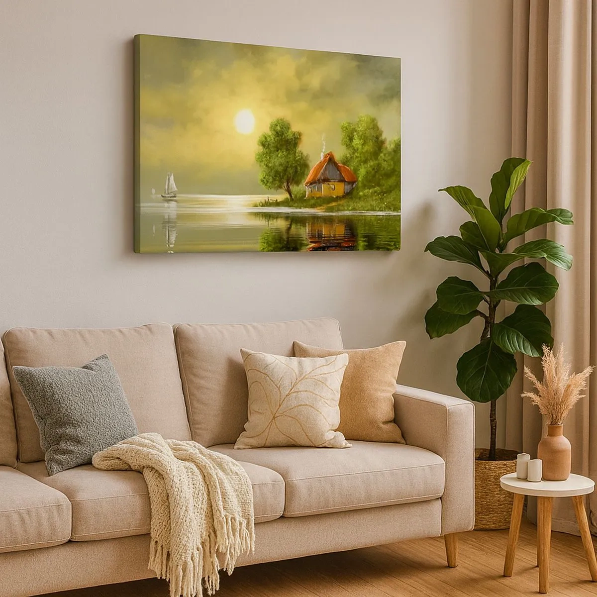 Tablou pe pânză Canvas - Casă de la lac în lumina apusului - 70x50cm - Frumos, ca dintr-o imagine - Decorațiune modernă pentru perete pentru living și dormitor ARTTOR