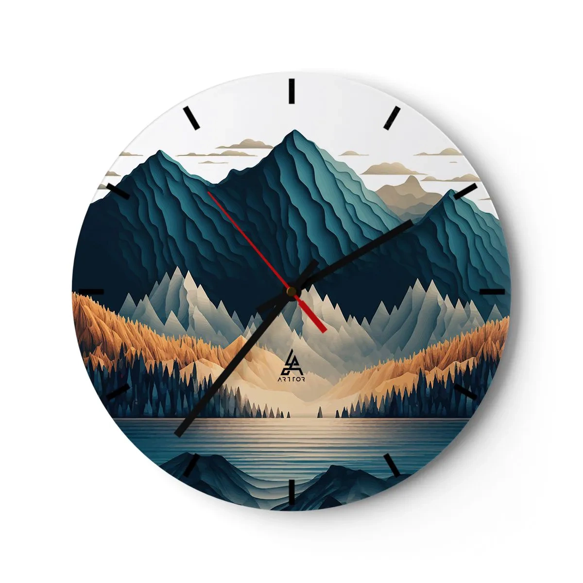 Ceas de perete - Ceas pe sticlă - Munți în nuanțe de albastru marin și bej deasupra lacului dimineața - 30x30cm - Peisaj montan perfect - Decorațiune modernă pentru perete pentru living, bucătărie și dormitor ARTTOR