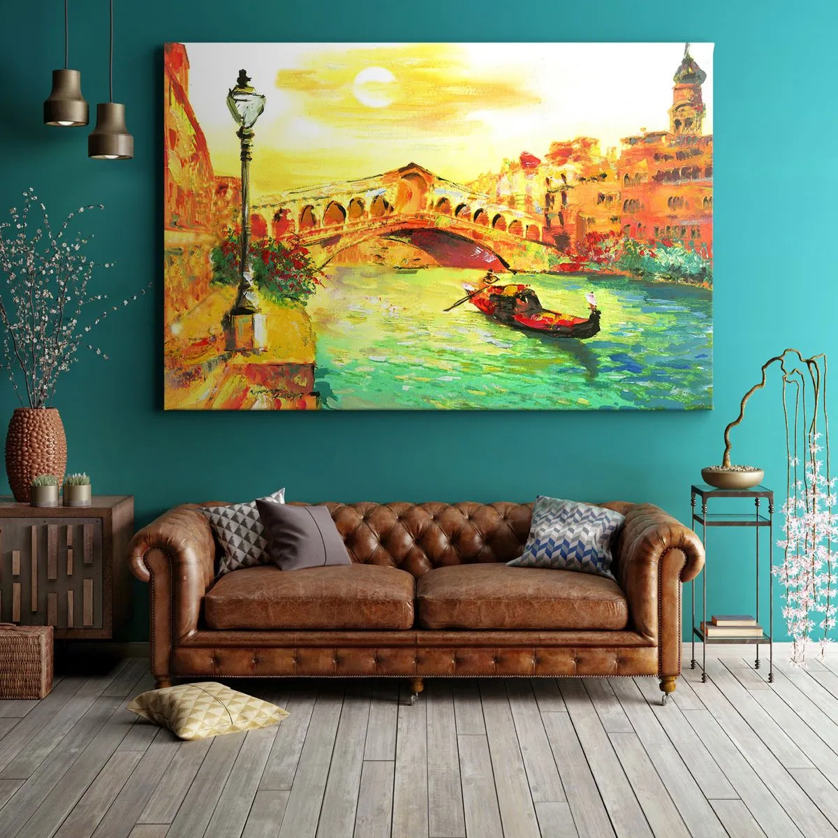 Tablou pe pânză Canvas - Un pod pitoresc peste canal cu o gondolă în lumina soarelui care apune - 70x50cm - Pelerinaj de îndrăgostiți - Decorațiune modernă pentru perete pentru living și dormitor ARTTOR