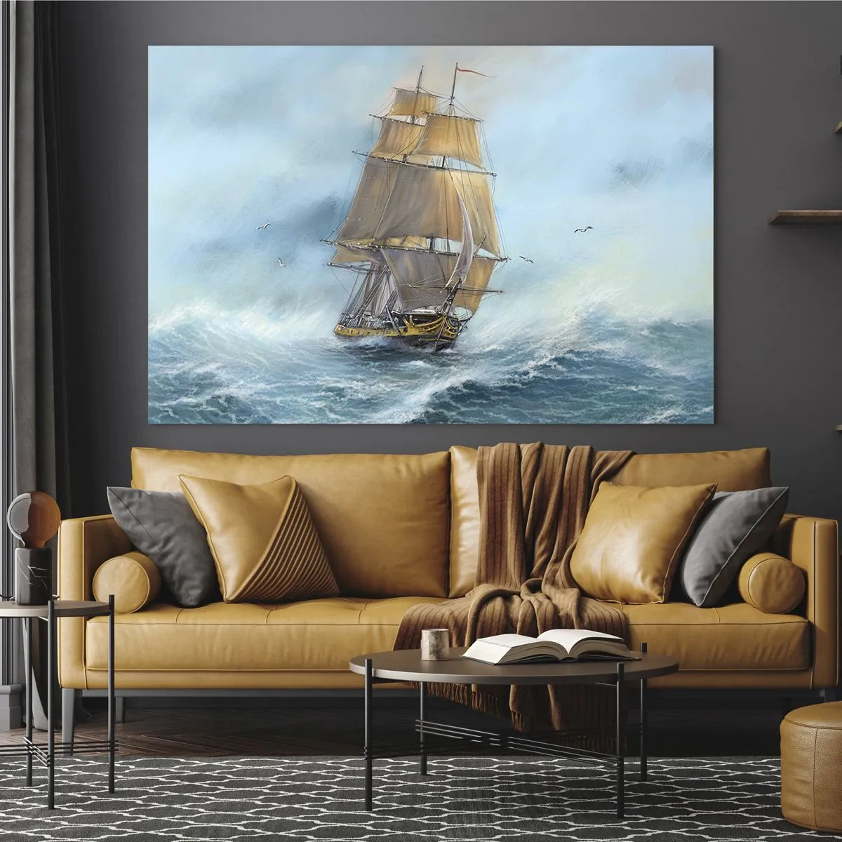 Tablou pe sticlă - O corabie cu pânze pe o mare furtunoasă, într-un stil pictural - 70x50cm - Rulează pe valuri - Decorațiune modernă pentru perete pentru living și dormitor ARTTOR