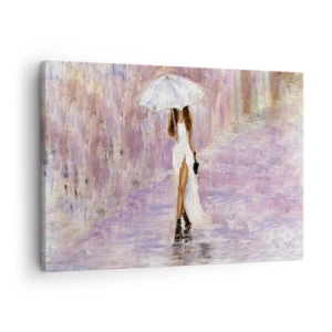 Tablou pe pânză Canvas - femeie cu o umbrelă mergând prin ploaie în tonuri de liliac - 70x50cm - În ploaia de liliac - Decorațiune modernă pentru perete pentru living și dormitor ARTTOR