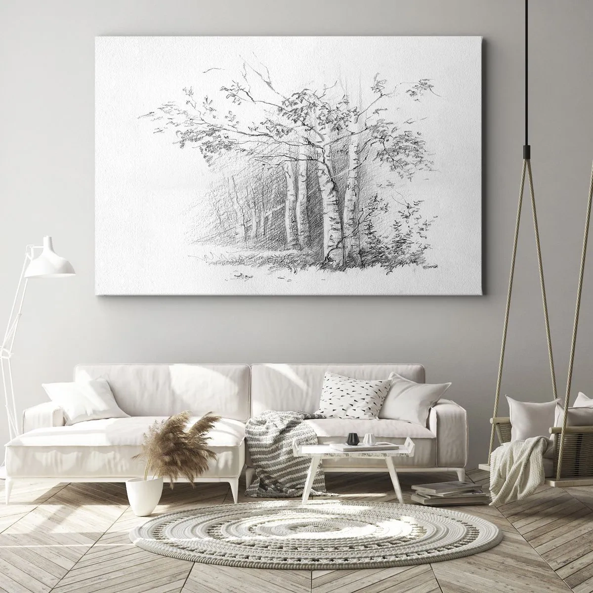 Tablou pe pânză Canvas - Un desen al unei păduri de mesteacăn într-o schiță subtilă în creion - 70x50cm - Lumina pădurii de mesteceni - Decorațiune modernă pentru perete pentru living și dormitor ARTTOR