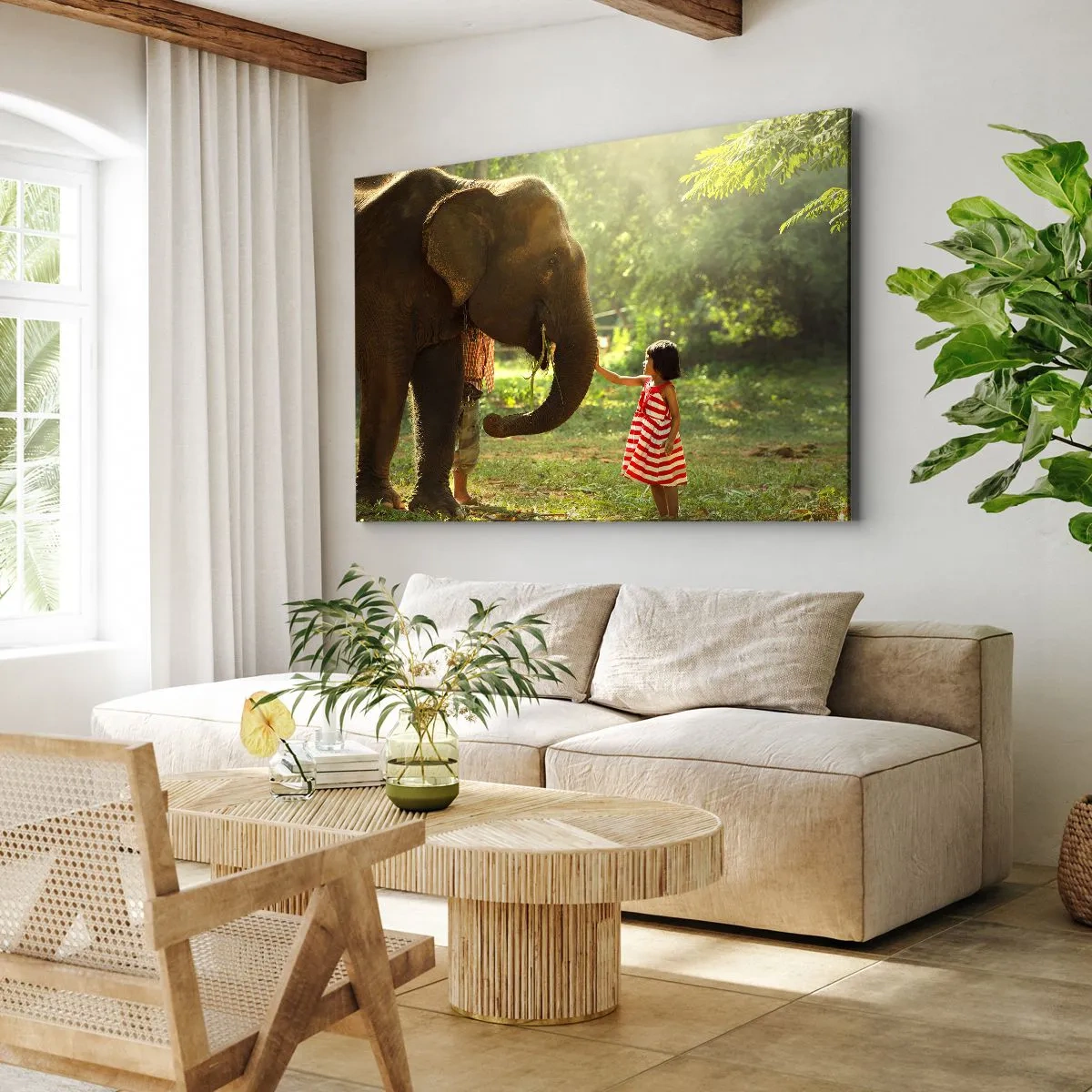 Tablou pe pânză Canvas - O fată într-o rochie roșie atingând un elefant în pădure. - 70x50cm - Puterea prieteniei - Decorațiune modernă pentru perete pentru living și dormitor ARTTOR