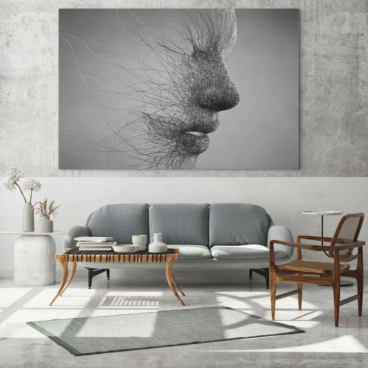Tablou pe sticlă - Profil de față abstract alb-negru cu linii - 70x50cm - Spiritul vântului - Decorațiune modernă pentru perete pentru living și dormitor ARTTOR