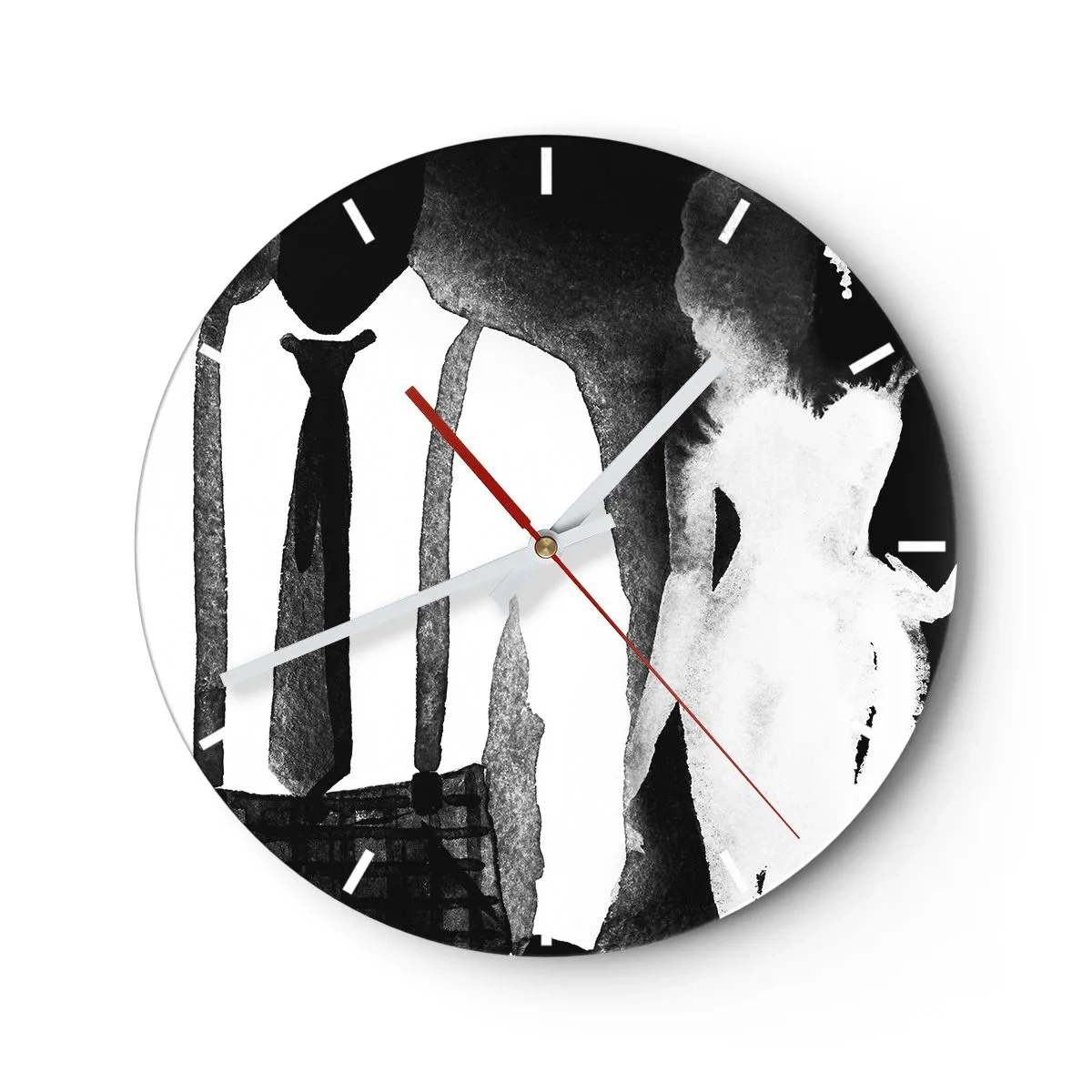 Ceas de perete - Ceas pe sticlă - Siluete ale unei femei și ale unui bărbat într-o atmosferă noir alb-negru - 30x30cm - Într-o atmosferă noir - Decorațiune modernă pentru perete pentru living, bucătărie și dormitor ARTTOR