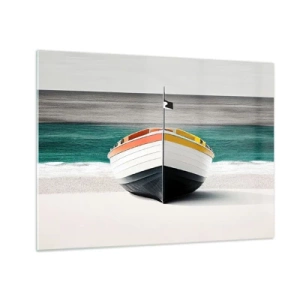 Tablou pe sticlă - O barcă colorată pe plajă cu o mare turcoaz în fundal - 70x50cm - În locul ei - Decorațiune modernă pentru perete pentru living și dormitor ARTTOR