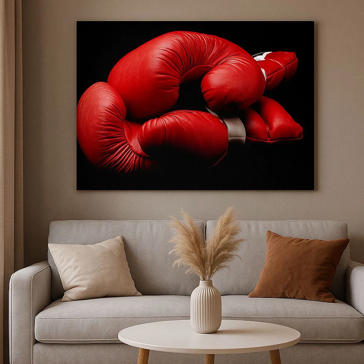 Tablou pe pânză Canvas - Mănuși de box roșii pe fundal negru - 70x50cm - Emoția bătăliei a trecut - Decorațiune modernă pentru perete pentru living și dormitor ARTTOR