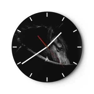 Ceas de perete - Ceas pe sticlă - Portretul unui cal negru pe un fundal întunecat și profund - 30x30cm - Prințul negru - Decorațiune modernă pentru perete pentru living, bucătărie și dormitor ARTTOR