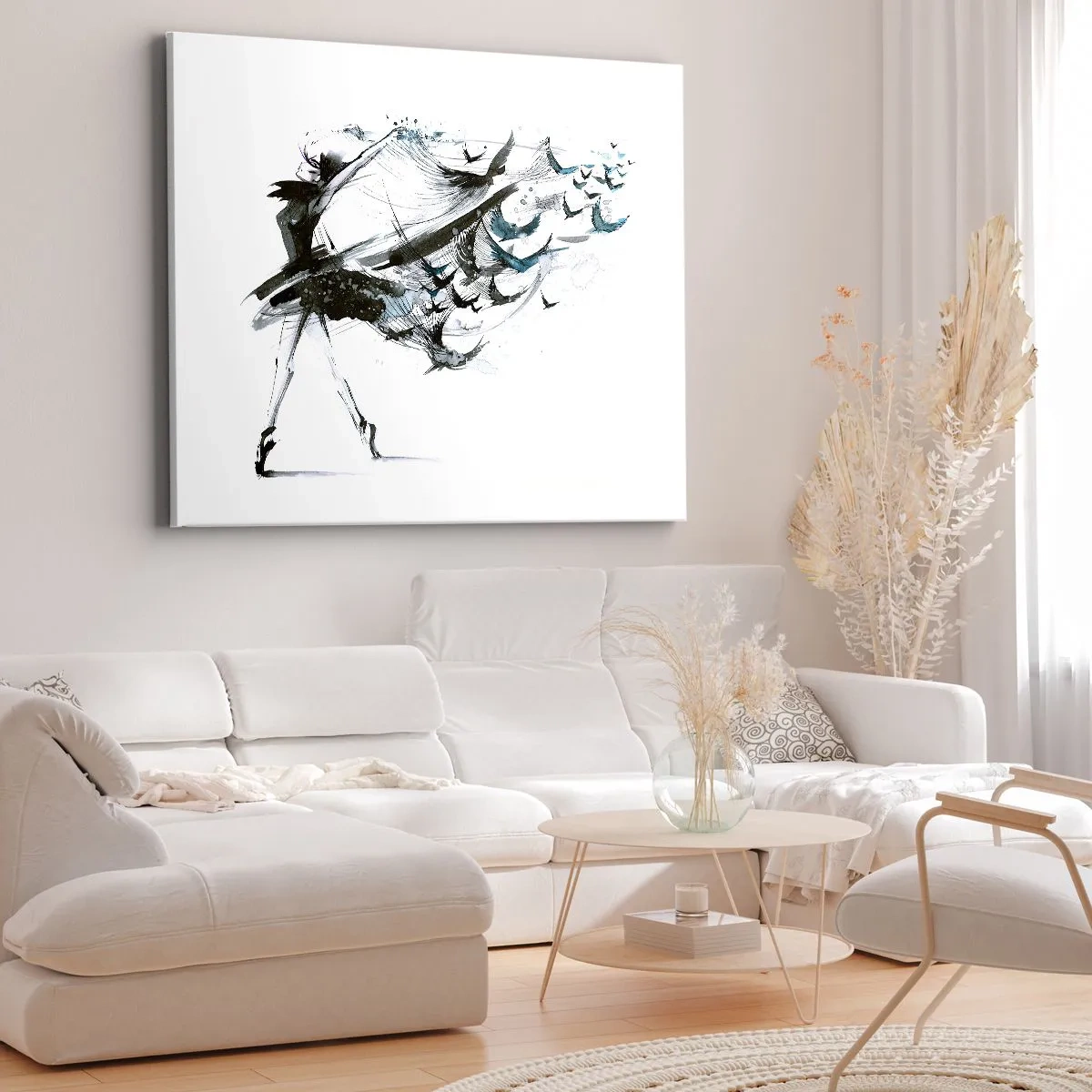 Tablou pe pânză Canvas - O dansatoare cu o rochie dinamică în formă de păsări - 70x50cm - Magia muzicii te eliberează - Decorațiune modernă pentru perete pentru living și dormitor ARTTOR