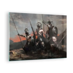 Tablou pe sticlă - Războinici cu sulițe și scuturi pe cerul roșu - 70x50cm - Cu scut sau fără scut - Decorațiune modernă pentru perete pentru living și dormitor ARTTOR