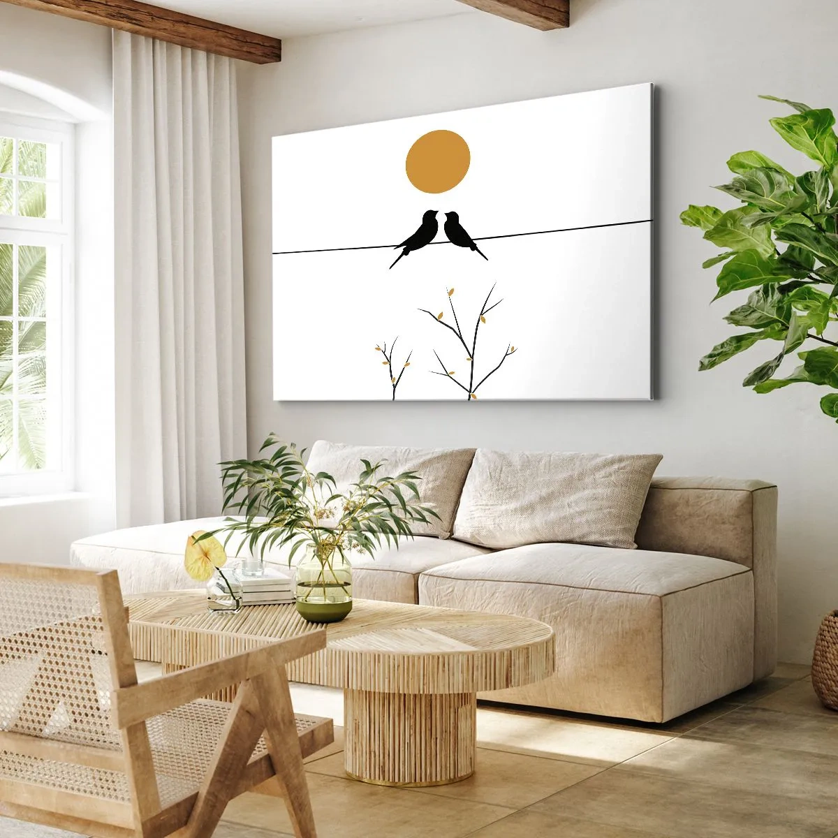 Tablou pe pânză Canvas - Păsări pe o linie cu un soare galben - 70x50cm - Seară cu privighetori - Decorațiune modernă pentru perete pentru living și dormitor ARTTOR