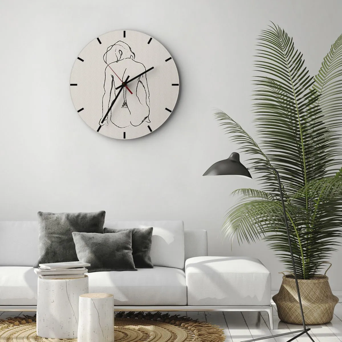 Ceas de perete - Ceas pe sticlă - O schiță subtilă a unei siluete feminine pe un fundal deschis - 30x30cm - Nud de fată - Decorațiune modernă pentru perete pentru living, bucătărie și dormitor ARTTOR