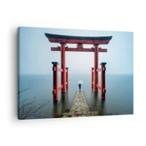 Tablou pe pânză Canvas - O poartă torii cu vedere la un lac liniștit din Japonia - 70x50cm - Reverie japoneză - Decorațiune modernă pentru perete pentru living și dormitor ARTTOR