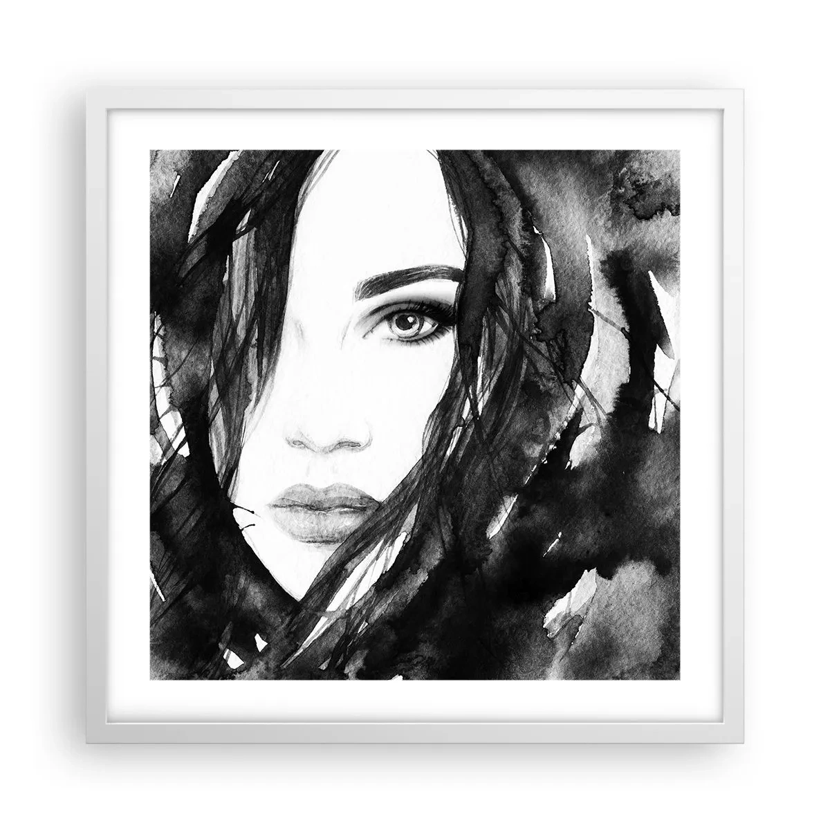 Poster în ramă albă - Studiu unei dame în alb și negru - 50x50 cm