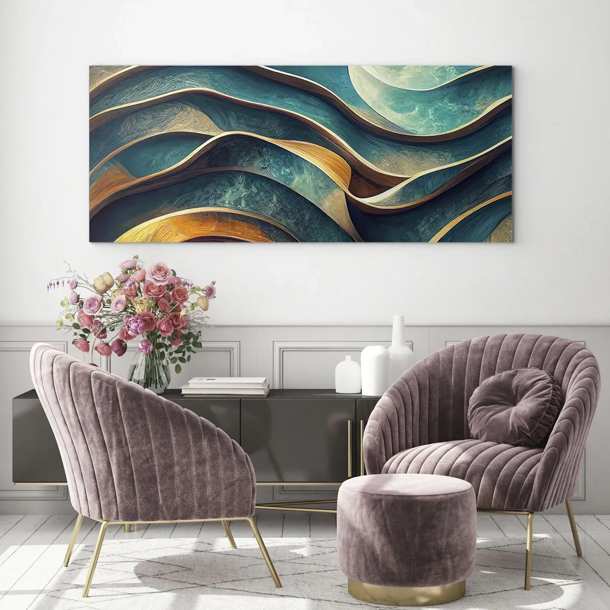 Tablou pe sticlă - Meandre de albastru - 140x50 cm