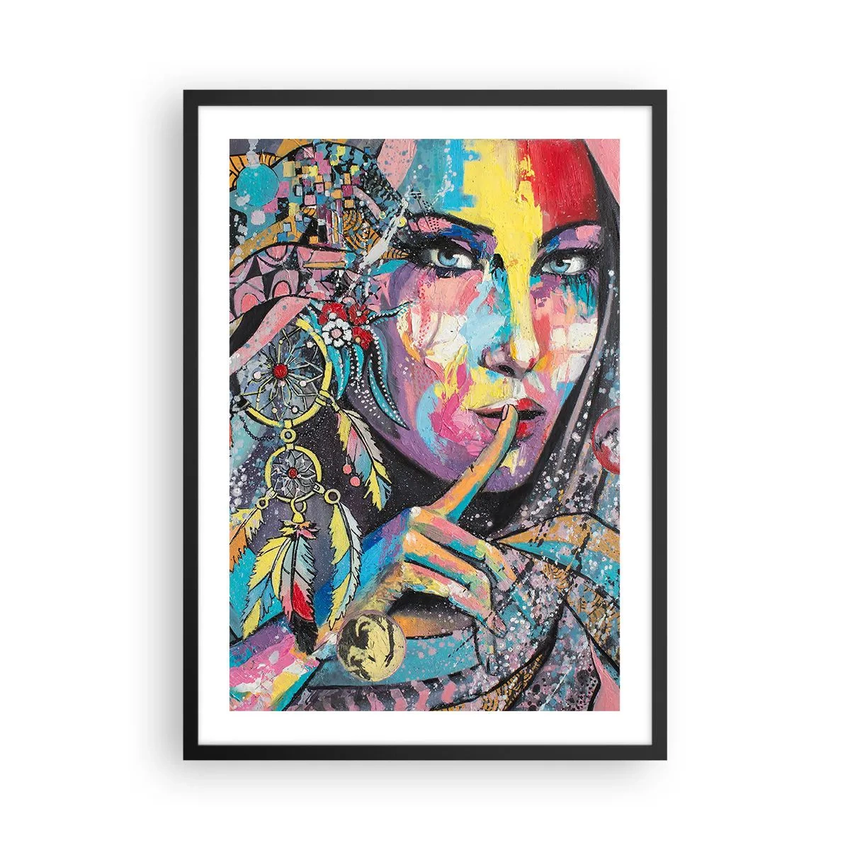 Poster în ramă neagră - Portret colorat al unei femei cu pene și un prinzător de vise - 50x70cm - Taci până când înțelegi - Decorațiune modernă pentru perete pentru living și dormitor ARTTOR
