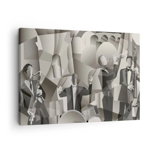 Tablou pe pânză Canvas - Scenă abstractă cu muzicieni de jazz în nuanțe de gri. - 70x50cm - În spațiul sunetelor - Decorațiune modernă pentru perete pentru living și dormitor ARTTOR