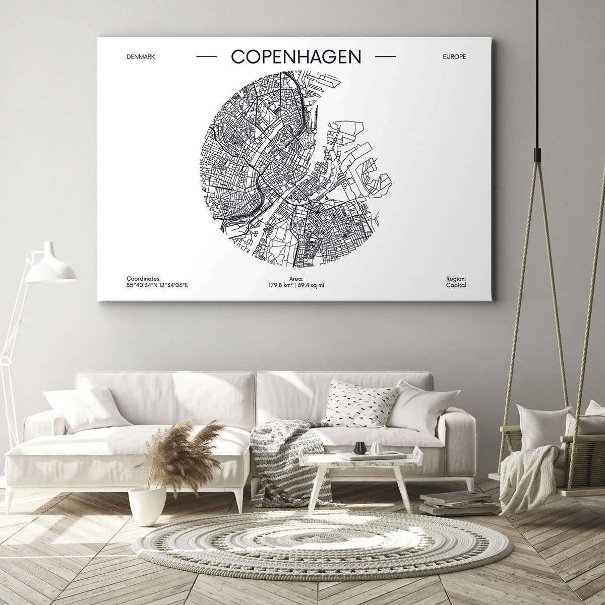 Tablou pe pânză Canvas - O hartă a Copenhagei într-un stil minimalist alb-negru. - 70x50cm - Anatomia Copenhagăi - Decorațiune modernă pentru perete pentru living și dormitor ARTTOR
