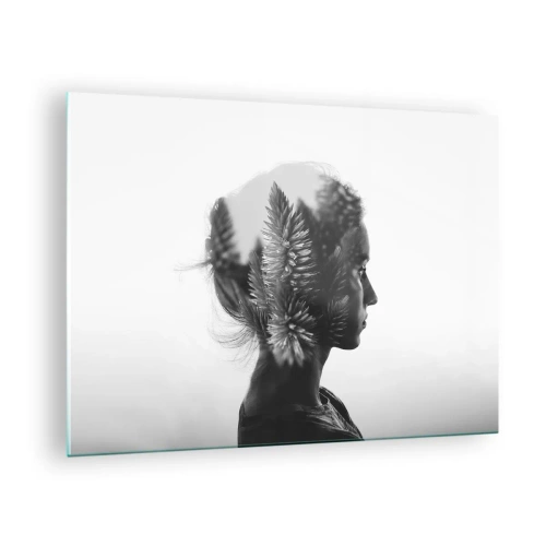 Tablou pe sticlă - O femeie în alb și negru cu un motiv de pădure de conifere suprapus - 70x50cm - Doamna din pădurea de pini - Decorațiune modernă pentru perete pentru living și dormitor ARTTOR