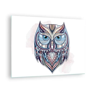 Tablou pe sticlă - Portret colorat, geometric al unei bufnițe - 70x50cm - Bufniță ornamentală artistică - Decorațiune modernă pentru perete pentru living și dormitor ARTTOR