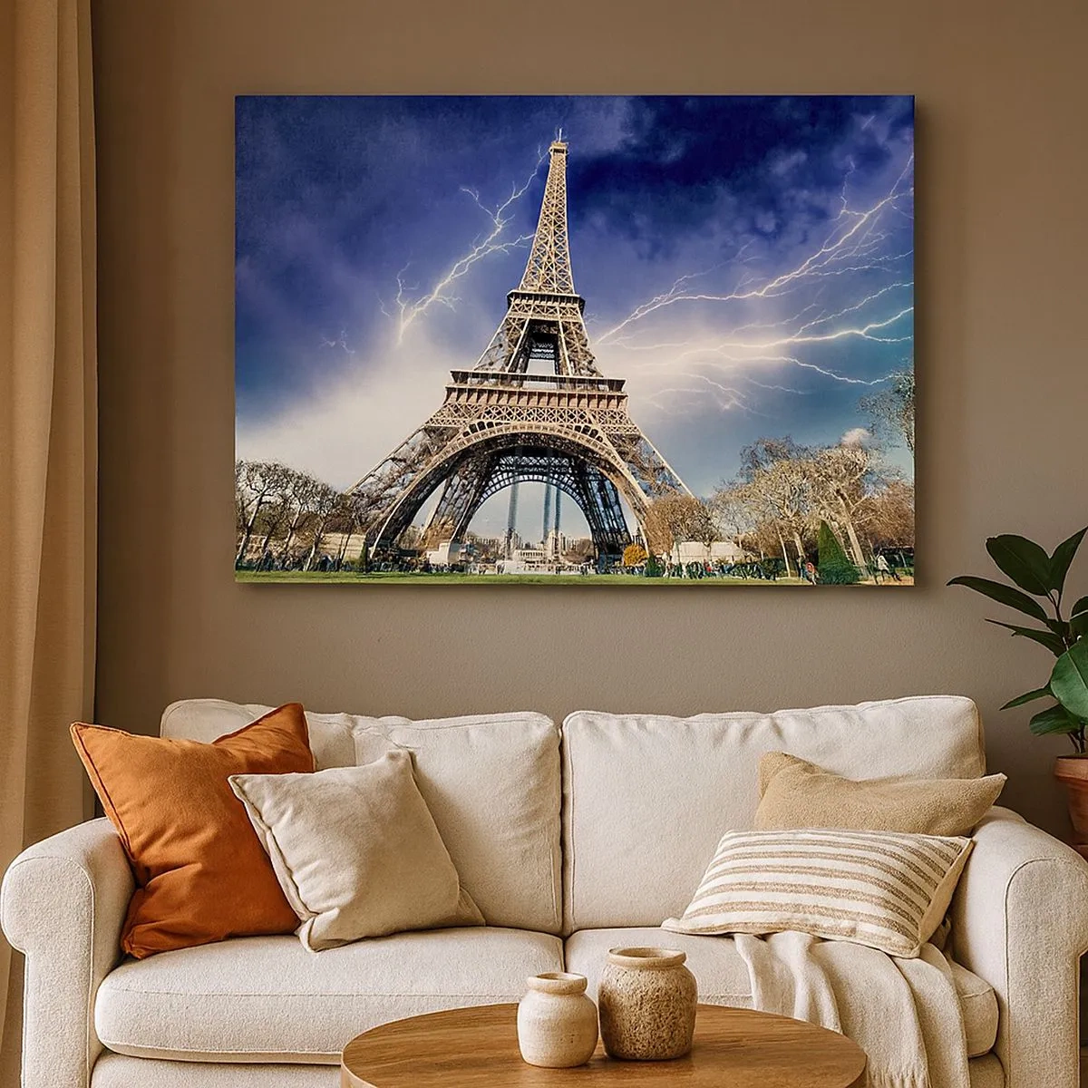 Tablou pe pânză Canvas - Turnul Eiffel cu un cer furtunos și fulgere în fundal - 70x50cm - Stăpânul furtunilor - Decorațiune modernă pentru perete pentru living și dormitor ARTTOR