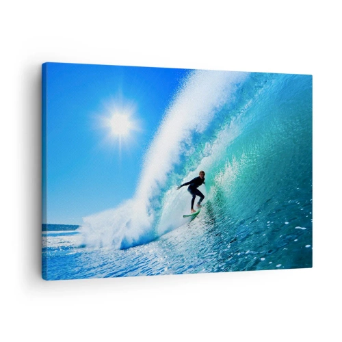 Tablou pe pânză Canvas - Un surfer pe o placă se plimbă în interiorul unui val puternic sub un cer albastru. - 70x50cm - Prin marele albastru - Decorațiune modernă pentru perete pentru living și dormitor ARTTOR
