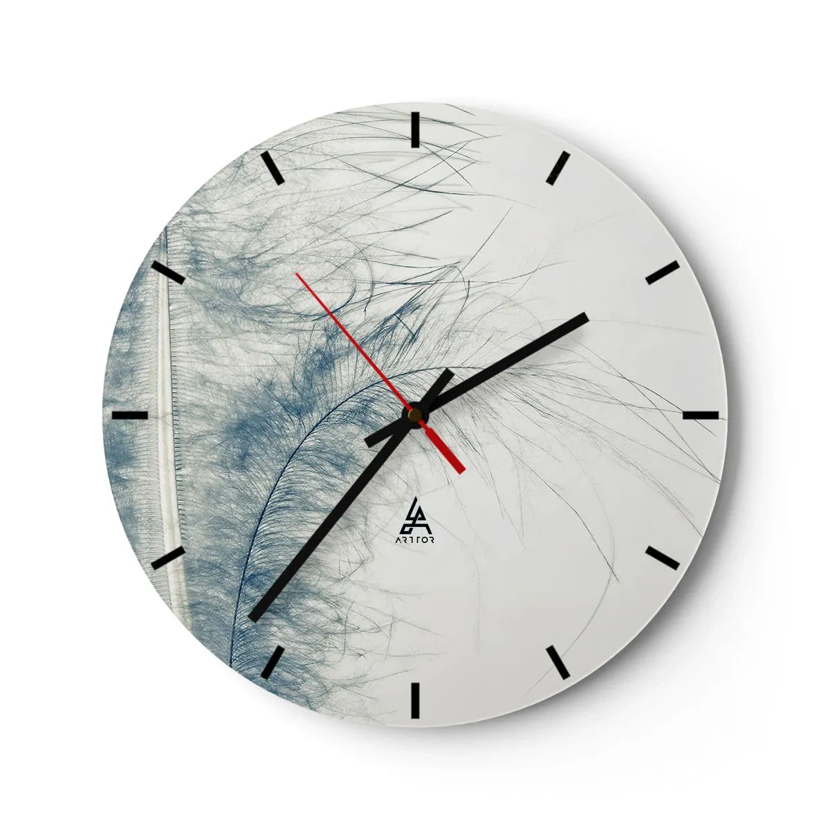 Ceas de perete - Ceas pe sticlă - O pană albastră delicată pe un fundal deschis - 30x30cm - Șoapta naturii - Decorațiune modernă pentru perete pentru living, bucătărie și dormitor ARTTOR
