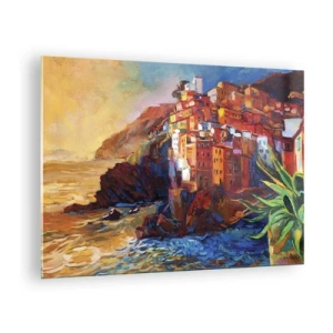 Tablou pe sticlă - Un oraș colorat pe o stâncă cu vedere la mare - 70x50cm - Oraș italian de vis - Decorațiune modernă pentru perete pentru living și dormitor ARTTOR
