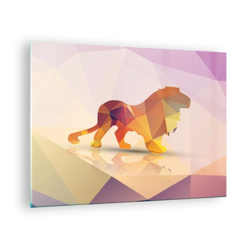 Tablou pe sticlă - Leu geometric în abstracție colorată - 70x50cm - Regele diamantat - Decorațiune modernă pentru perete pentru living și dormitor ARTTOR
