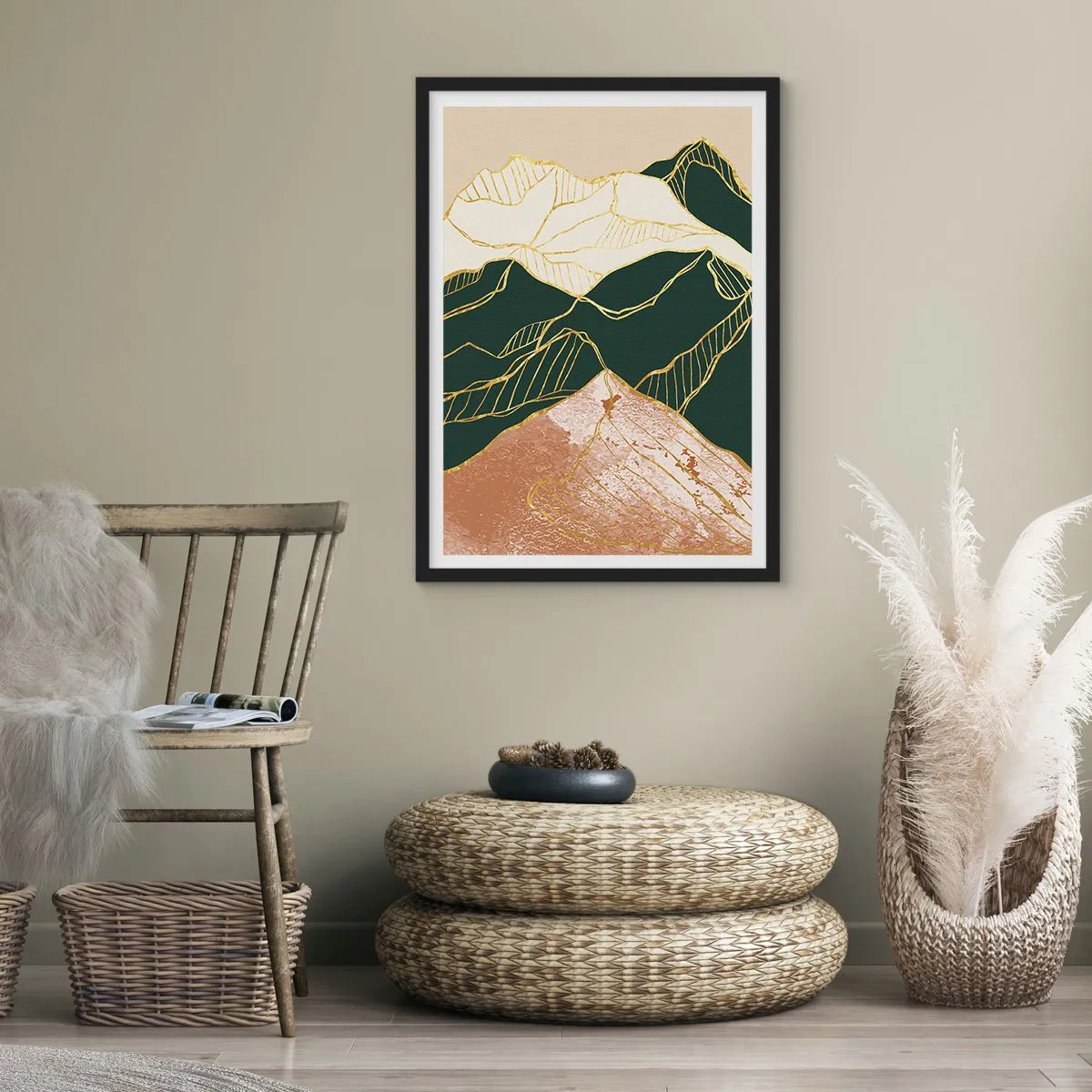 Poster în ramă neagră - Linii aurii abstracte care creează un peisaj montan - 50x70cm - Vârfurile de aur - Decorațiune modernă pentru perete pentru living și dormitor ARTTOR