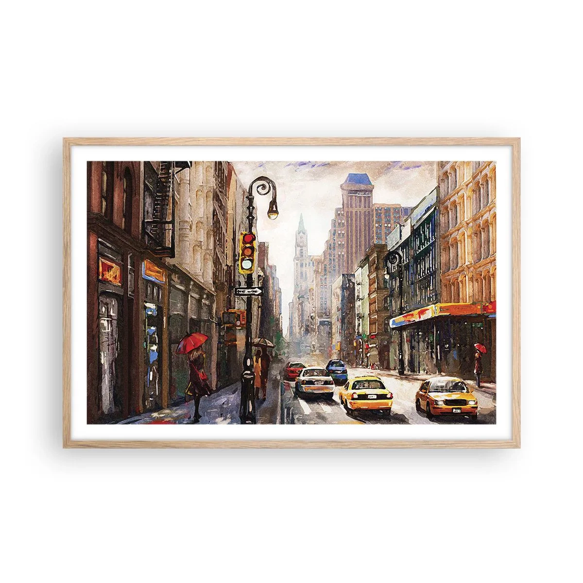 Poster în ramă de stejar deschis - New York - plin de culoare și în ploaie - 91x61 cm