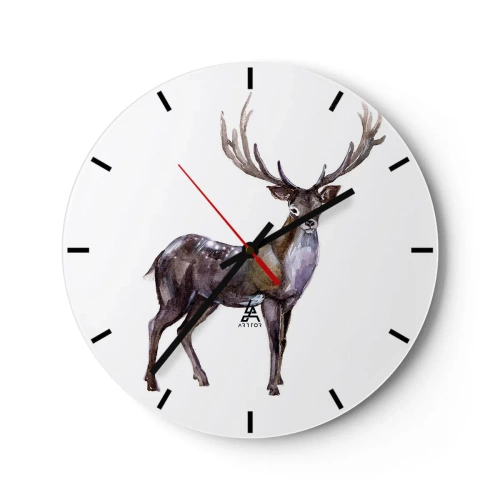Ceas de perete - Ceas pe sticlă - Imagine în acuarelă a unui cerb - 30x30cm - Regele pustietății nordice - Decorațiune modernă pentru perete pentru living, bucătărie și dormitor ARTTOR