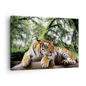 Tablou pe pânză Canvas - Un tigru care se odihnește într-o pădure tropicală - 70x50cm - Cu respect - Decorațiune modernă pentru perete pentru living și dormitor ARTTOR