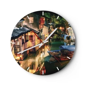 Ceas de perete - Ceas pe sticlă - Canal atmosferic cu bărci și arhitectură chinezească noaptea - 30x30cm - O seară pe o stradă chinezească - Decorațiune modernă pentru perete pentru living, bucătărie și dormitor ARTTOR