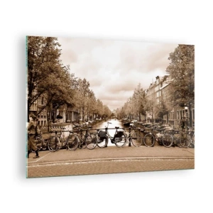 Tablou pe sticlă - Podul Amsterdam cu biciclete retro - 70x50cm - Atmosfera olandeză - Decorațiune modernă pentru perete pentru living și dormitor ARTTOR