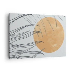 Tablou pe pânză Canvas - Fire abstracte de iarbă pe fundalul unui soare portocaliu mare - 70x50cm - Întotdeauna spre soare - Decorațiune modernă pentru perete pentru living și dormitor ARTTOR