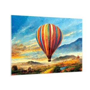 Tablou pe sticlă - Un balon colorat plutind deasupra unui peisaj montan - 70x50cm - În liniște puteți vedea mai multe - Decorațiune modernă pentru perete pentru living și dormitor ARTTOR