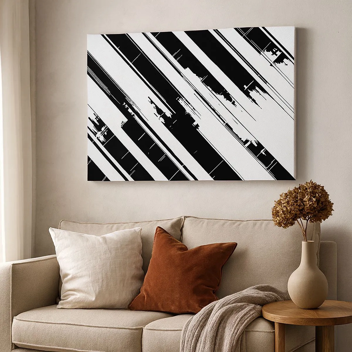 Tablou pe pânză Canvas - Linii alb-negru și modele geometrice într-un stil modern - 70x50cm - Compoziție intensă și dinamică - Decorațiune modernă pentru perete pentru living și dormitor ARTTOR
