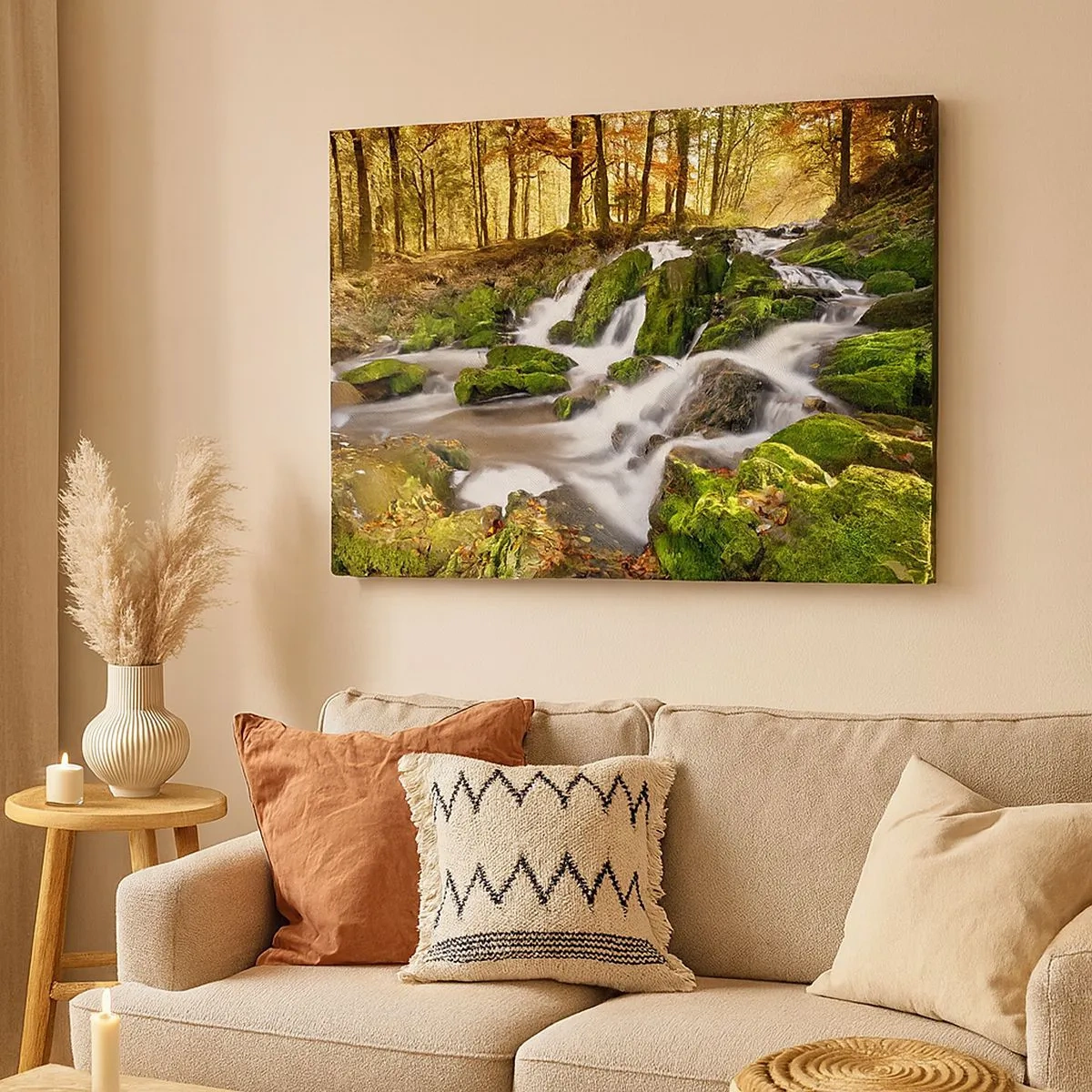 Tablou pe pânză Canvas - Un peisaj împădurit cu o cascadă înconjurată de mușchi - 70x50cm - Repede prin pădure de toamnă - Decorațiune modernă pentru perete pentru living și dormitor ARTTOR