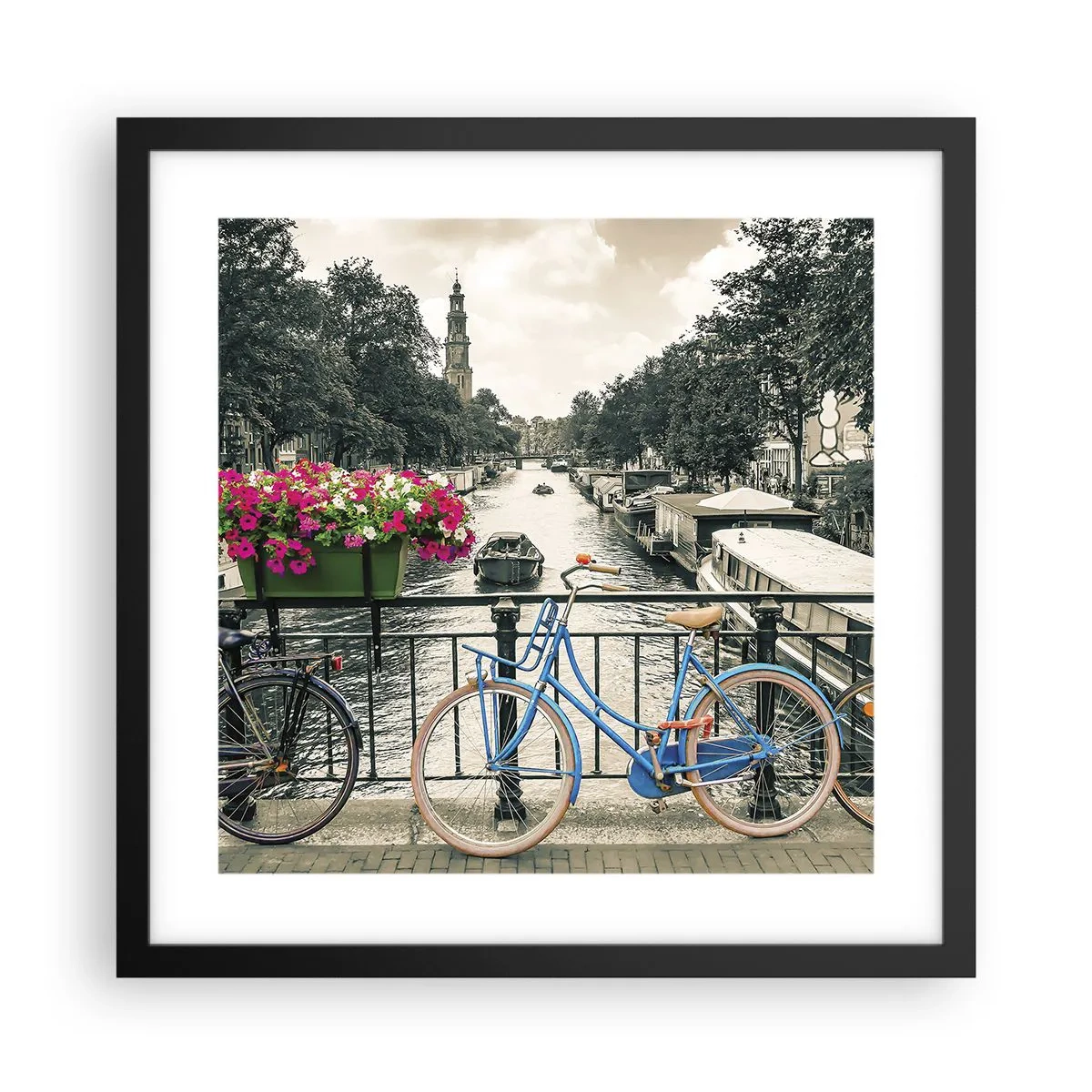 Poster în ramă neagră - Culorile unui canal din Amsterdam - 40x40 cm