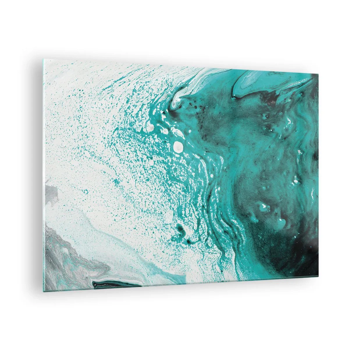 Tablou pe sticlă - O pictură abstractă în nuanțe de alb și turcoaz - 70x50cm - Dizolvându-se în alb și turcoaz - Decorațiune modernă pentru perete pentru living și dormitor ARTTOR
