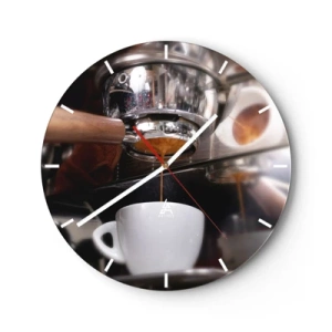 Ceas de perete - Ceas pe sticlă - Prim-plan al unui aparat de cafea cu o ceașcă de espresso - 30x30cm - Cel mai bun moment al zilei - Decorațiune modernă pentru perete pentru living, bucătărie și dormitor ARTTOR