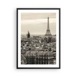 Poster în ramă neagră - Panoramă a Parisului cu Turnul Eiffel în tonuri sepia - 50x70cm - Deasupra acoperișurilor Parisului - Decorațiune modernă pentru perete pentru living și dormitor ARTTOR
