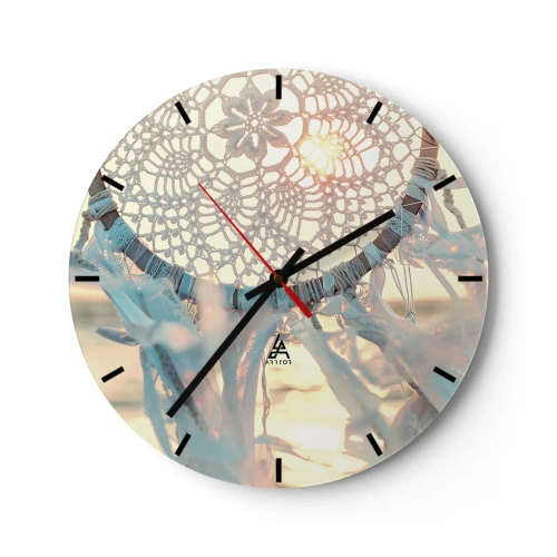 Ceas de perete - Ceas pe sticlă - Captor de vise din dantelă cu panglici în razele apusului - 30x30cm - Totem de dantelă - Decorațiune modernă pentru perete pentru living, bucătărie și dormitor ARTTOR