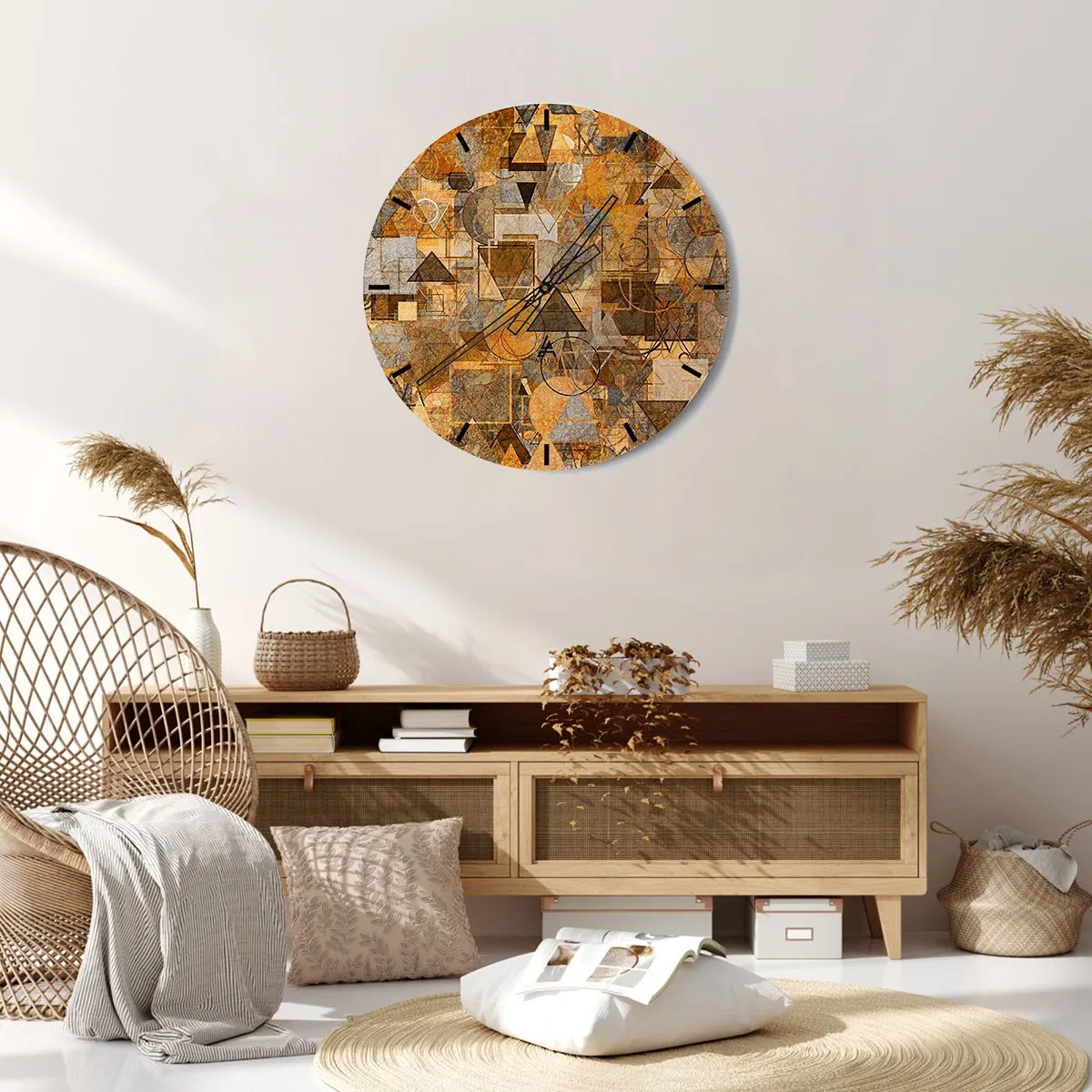 Ceas de perete - Ceas pe sticlă - Model geometric abstract în nuanțe de auriu și maro - 30x30cm - Lumea băgată în formă - Decorațiune modernă pentru perete pentru living, bucătărie și dormitor ARTTOR