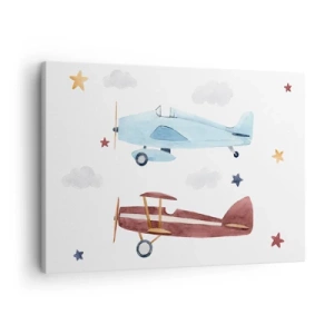 Tablou pe pânză Canvas - Avioane pictate manual pe un fundal de nori și stele - 70x50cm - Domnule Pilot, vă așteptăm! - Decorațiune modernă pentru perete pentru living și dormitor ARTTOR