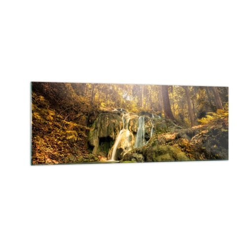Tablou pe sticlă - Cascada de pădure în verde - 140x50 cm