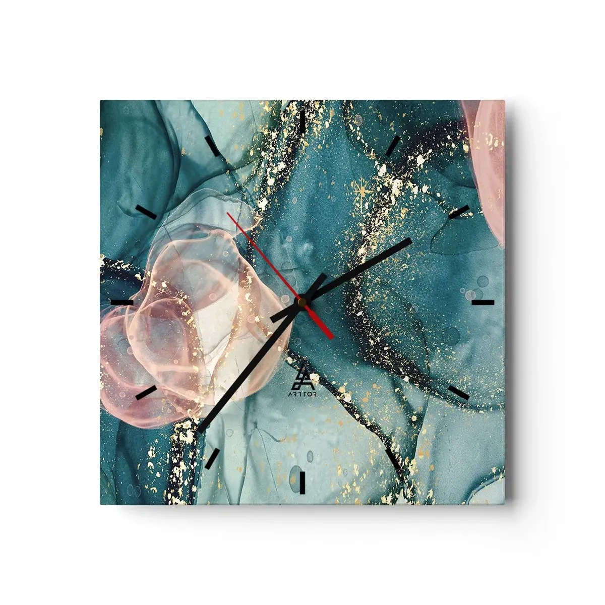 Ceas de perete - Ceas pe sticlă - Mătase albastră, tul roz - 40x40 cm